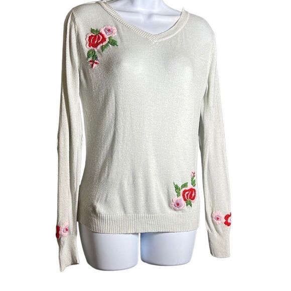 Tulle Elbow Patch Floral V-Neck Sweater Size M - Picture 1 of 11